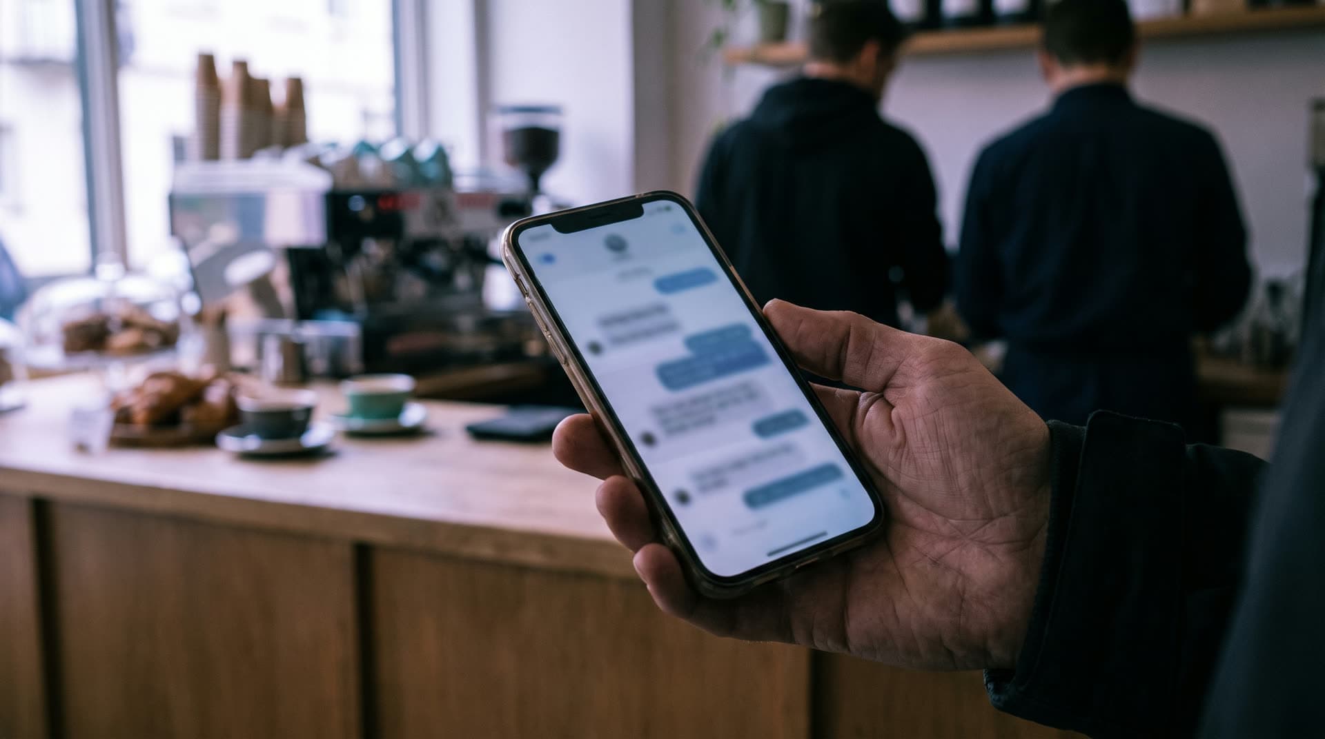 Hand mit Smartphone und WhatsApp-Chat mit einem Unternehmen