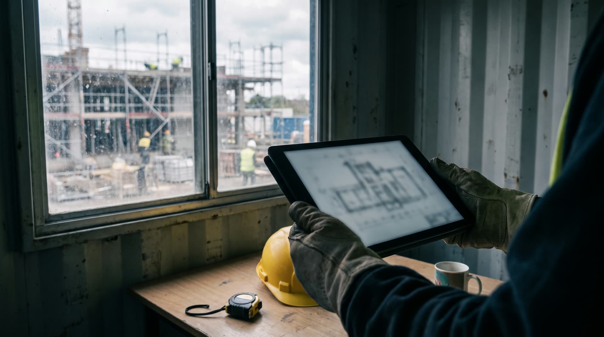Baucontainer mit Blick auf eine Baustelle: Hände in Arbeitshandschuhen halten ein Tablet mit einem Grundriss, daneben Schutzhelm und Maßband