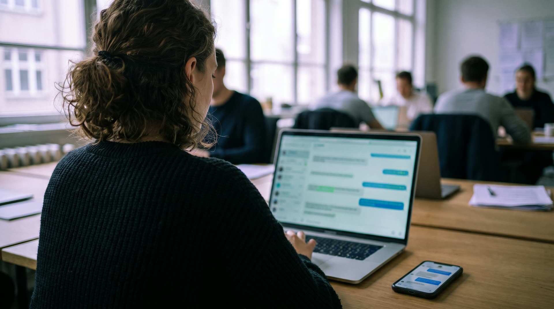 Mitarbeiterin im Kundenservice am Laptop mit geöffnetem KI-Chatbot auf der Unternehmenswebsite