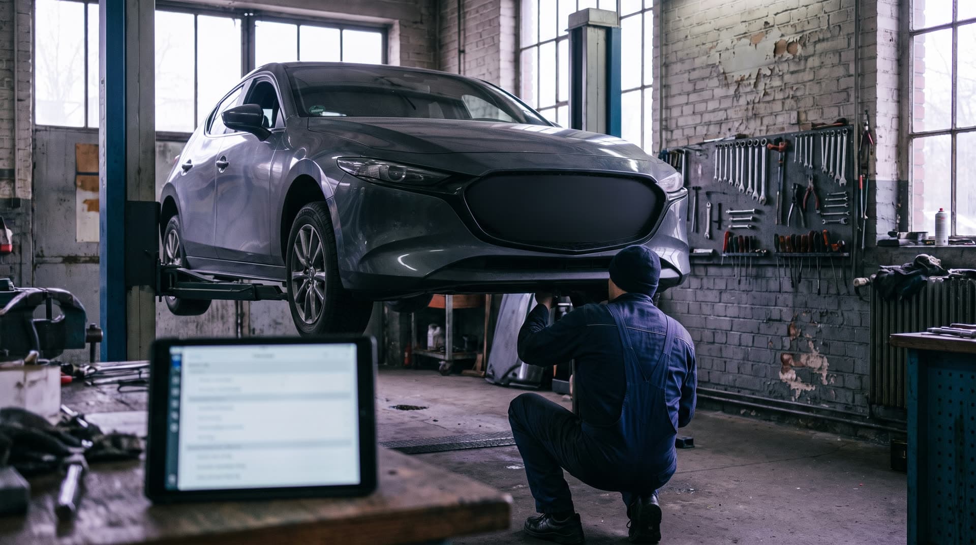 Kfz-Werkstatt mit einem Auto auf der Hebebühne, ein Mechaniker arbeitet am Fahrzeug, im Vordergrund ein Tablet mit Auftragsliste auf der Werkbank
