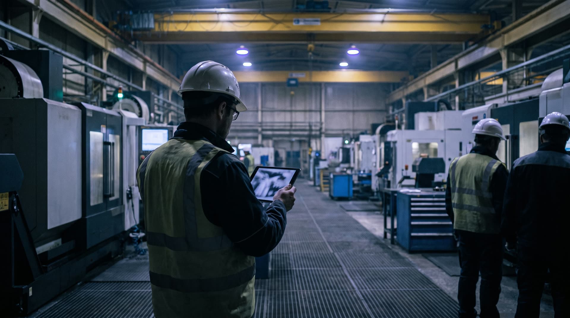 Ingenieur mit Tablet in einer Maschinenbauhalle mit CNC-Maschinen – KI für den Maschinenbau