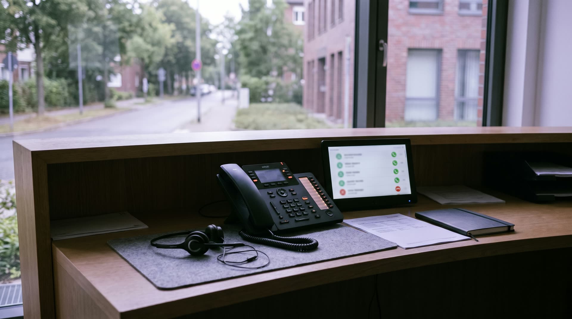Empfangstresen mit Telefon und Headset – der KI-Telefonassistent nimmt Anrufe an, wenn das Team beschäftigt ist