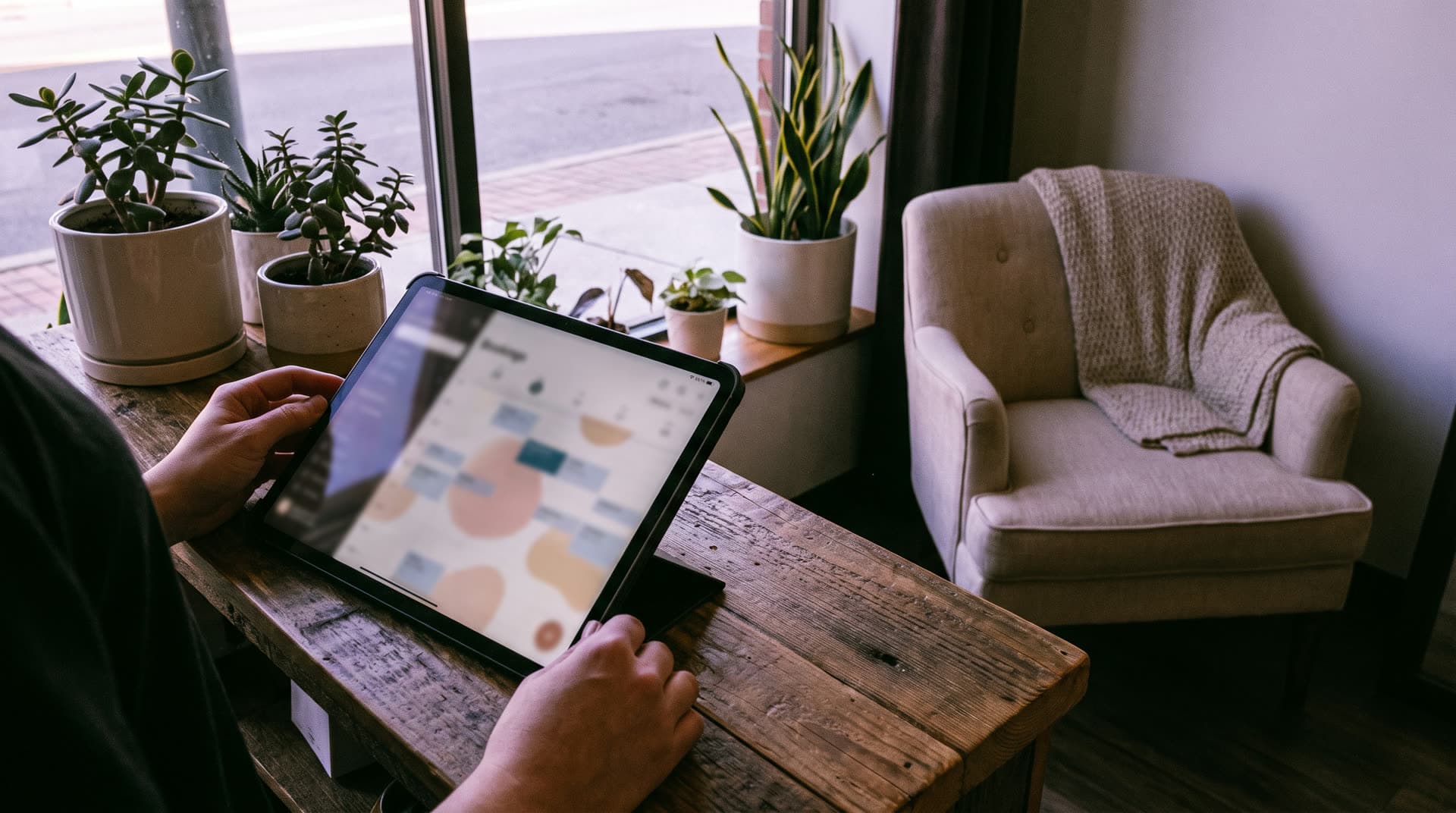 Wartebereich eines Salons mit Sessel und Pflanzen am Fenster, im Vordergrund Hände mit einem Tablet, das eine Terminübersicht zeigt