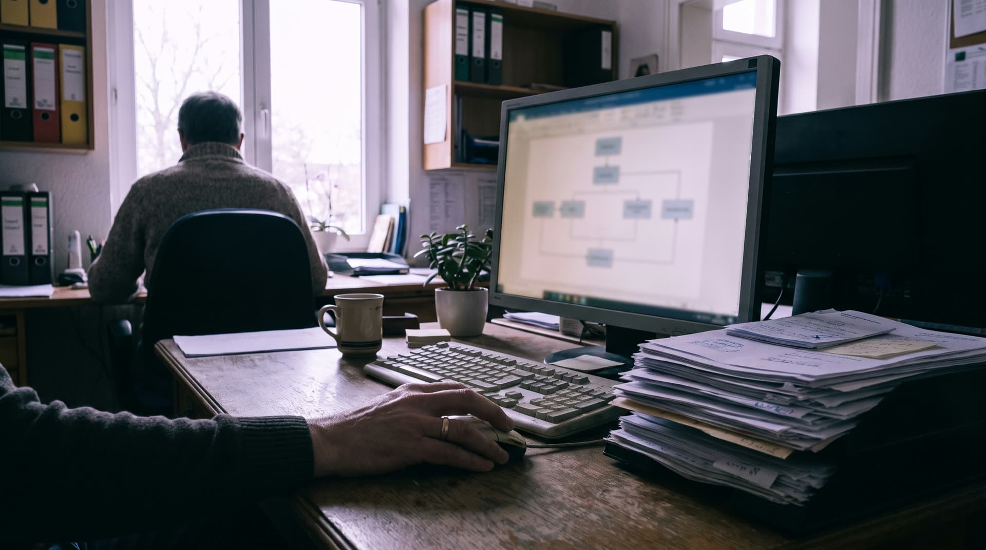 Büro in einem mittelständischen Betrieb: Bildschirm mit einem Ablaufdiagramm, daneben Aktenstapel